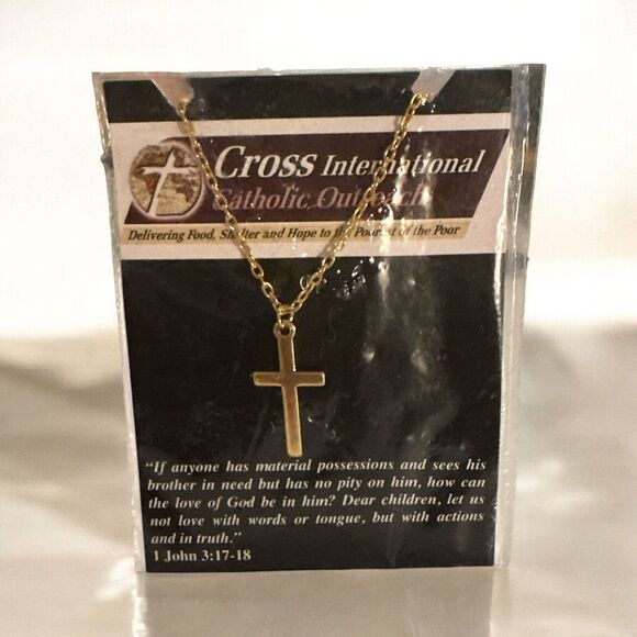 New gold tone outreach plain cross pendant on chain link necklace - Picture 1 of 2